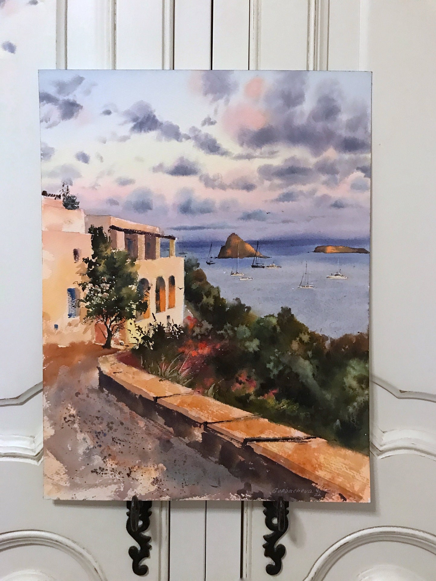 Panarea Painting Original, Watercolor Artwork, Italy Coastal Wall Art, City Sunrise, Gift For Travel Art Lover