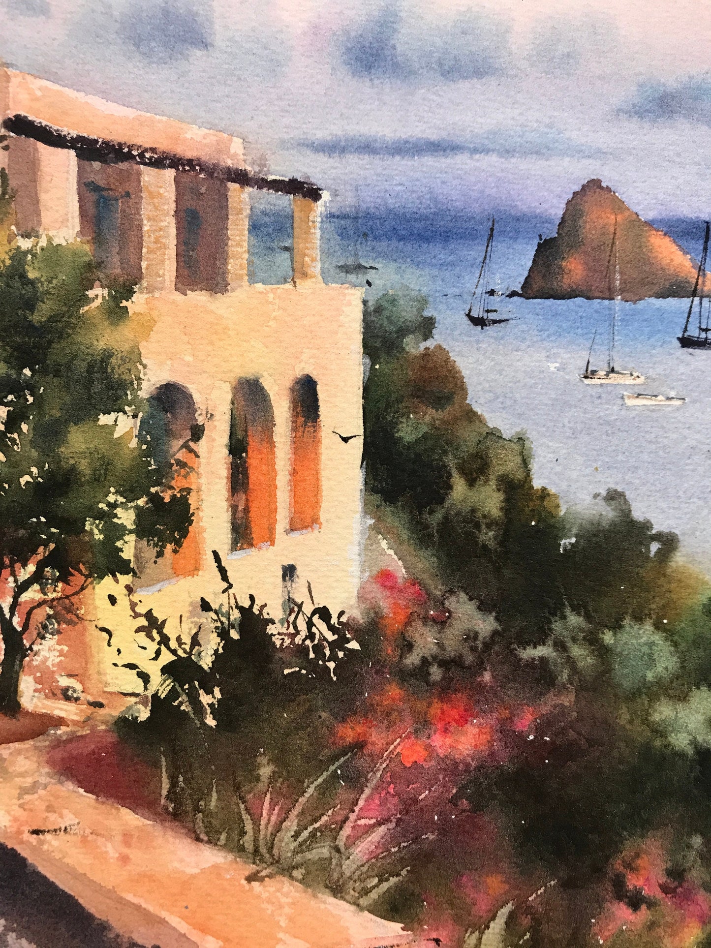 Panarea Painting Original, Watercolor Artwork, Italy Coastal Wall Art, City Sunrise, Gift For Travel Art Lover
