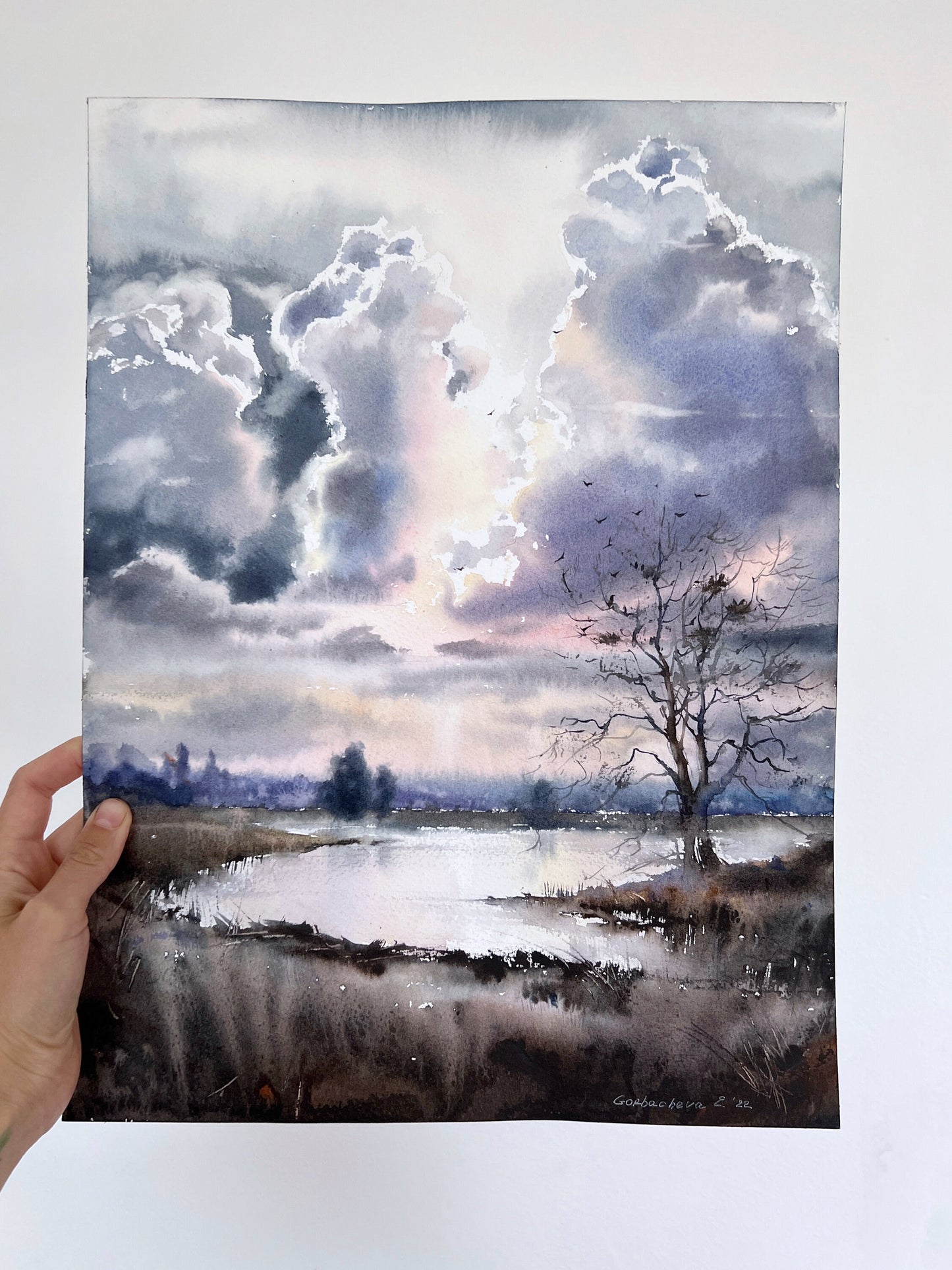 Modern Painting Clouds Field, Original Watercolor Artwork, Landscape Wall Art, Country Decor, River, Gift For Art Lovers