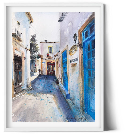 Coastal Painting Original, Watercolor Artwork, Girne City, Northern Cyprus Wall Art, Gift For Art Lover, Greece Style