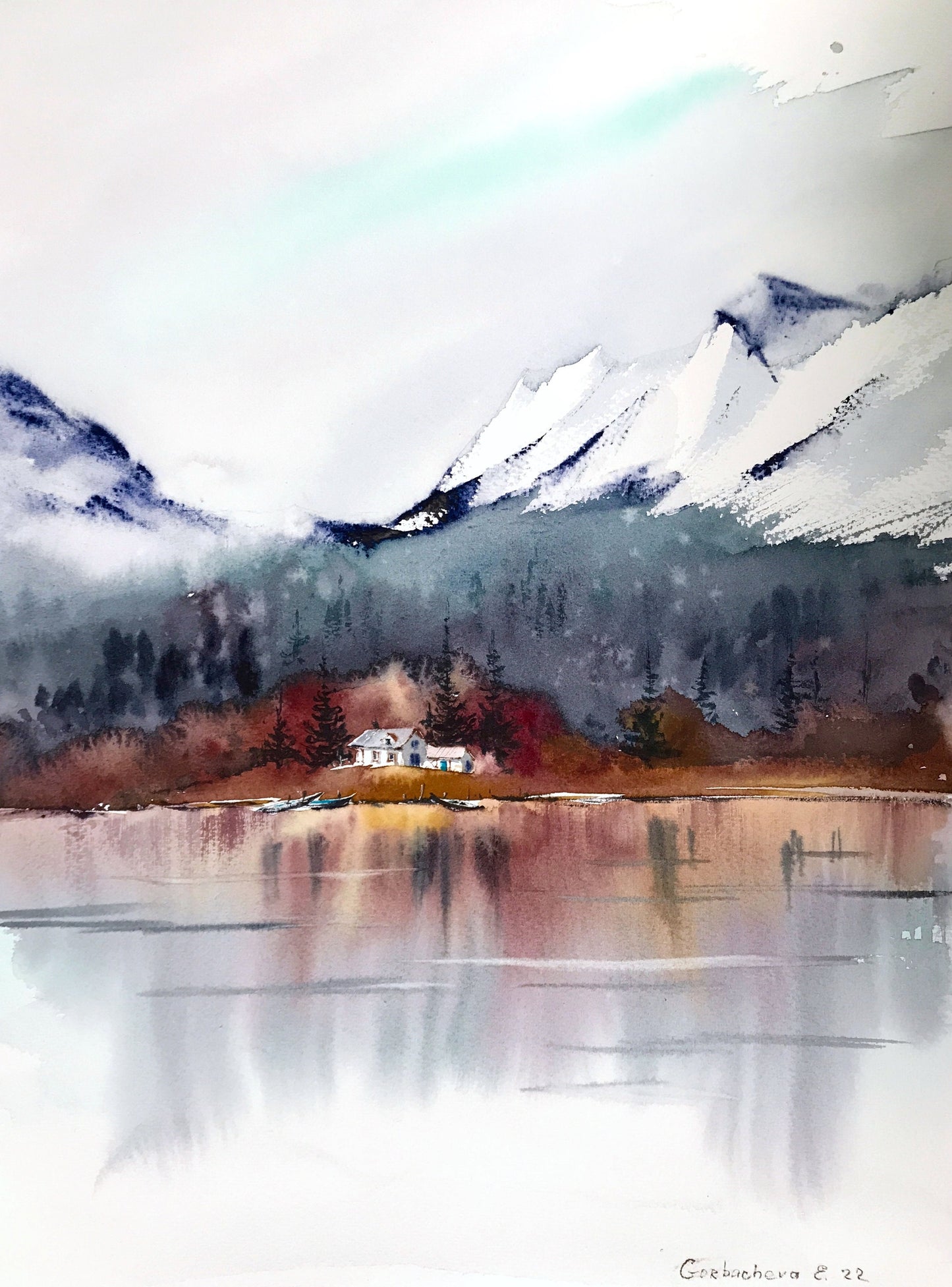 Watercolor Mountain Painting Original, Lake House Art Decor, Art, Abstract Fall Landscape, Mountains, Bedroom Art Decor