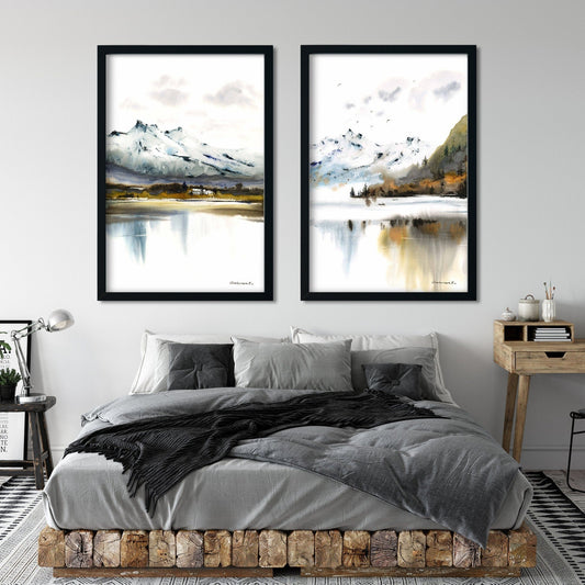 Mountain Print Set of 2, Fall Nature Art, Mountain Forest Wall Decor, Lake Minimal Gallery Wall Art, Pine Trees