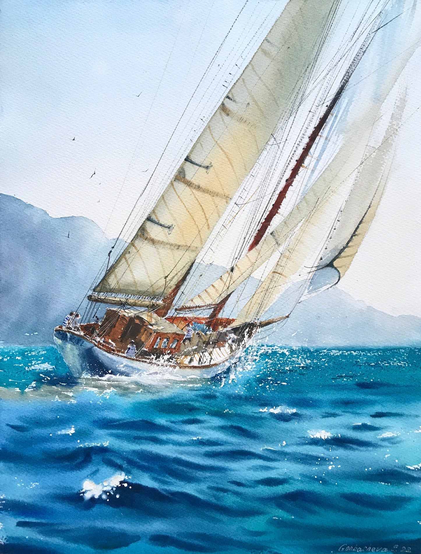 Original Watercolor Yacht Painting, Sailboat Artwork, Seascape Art Decor, Coastal Room Wall Art, Yachting Gift For Him