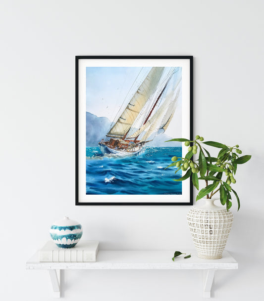Original Watercolor Yacht Painting, Sailboat Artwork, Seascape Art Decor, Coastal Room Wall Art, Yachting Gift For Him