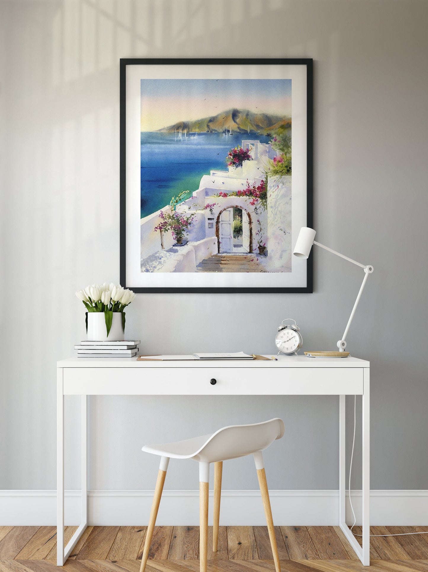 Santorini Art Print, Greece Island Painting, Coastal Living Room Wall Decor, Travel Watercolor Art, Large Canvas Print