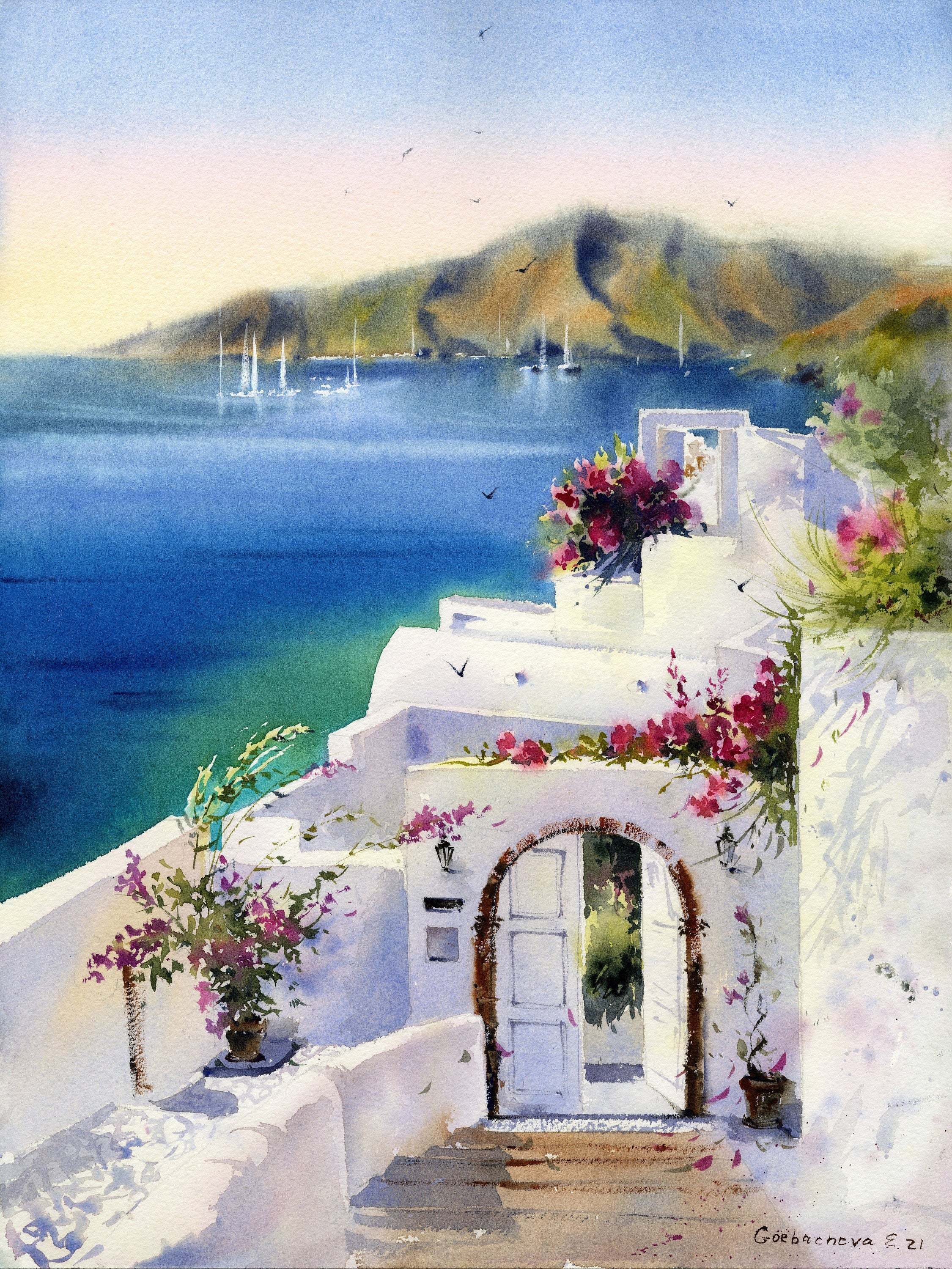 Watercolor fashion of an island somewhere in Greece