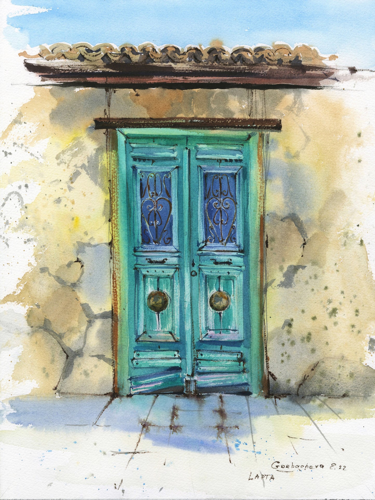 Old Door Print, Architecture Wall Art, Green, Greece, Greek Vintage Door, Watercolor Art, Illustration