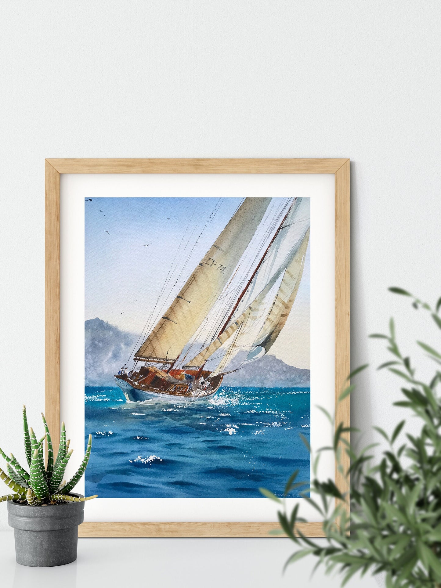 Sailboat Painting Original Watercolor, Yacht Artwork, Seascape Coast Art, Yachting Living Room Wall Decor, Gift, Blue