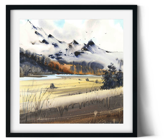 Mountain Square Print, Abstract Nature Painting, Watercolor Landscape, Extra Large Print on Canvas, Bedroom Wall Decor