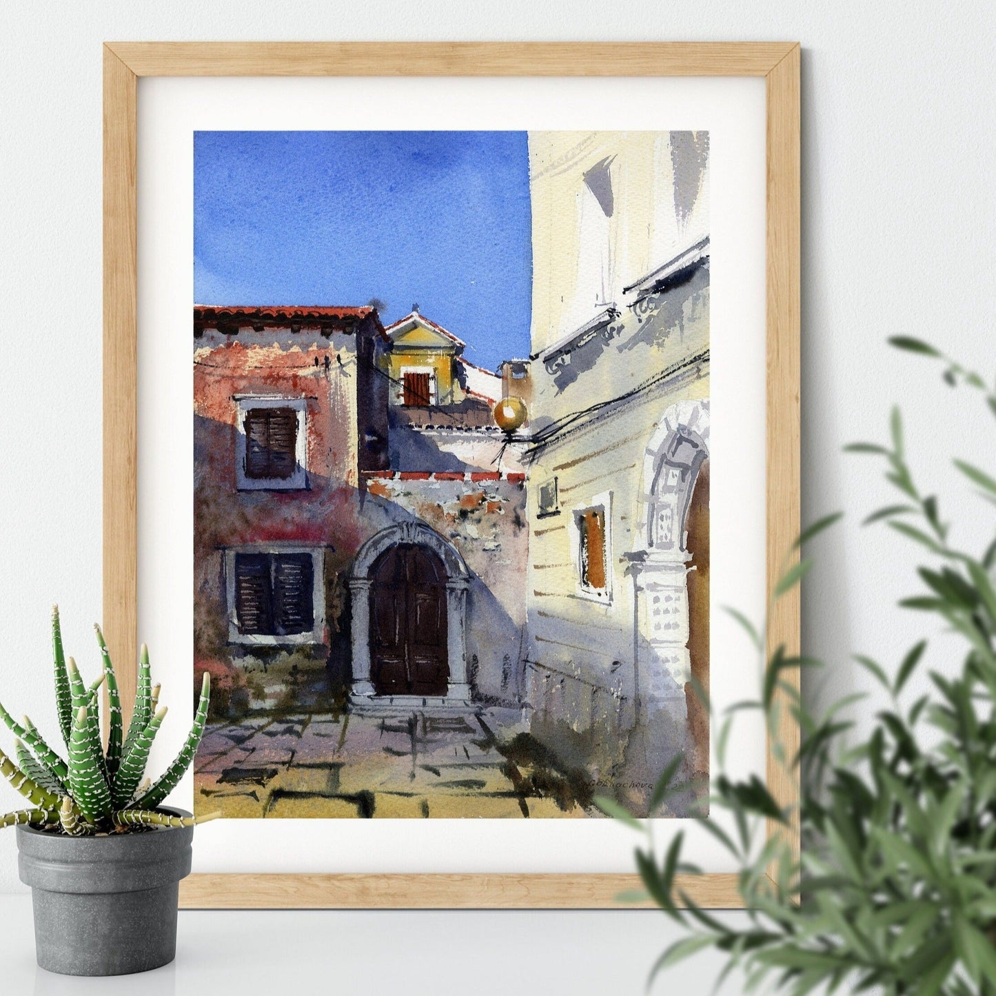 Unique Watercolor City Art: Courtyard of Croatia Wall Print