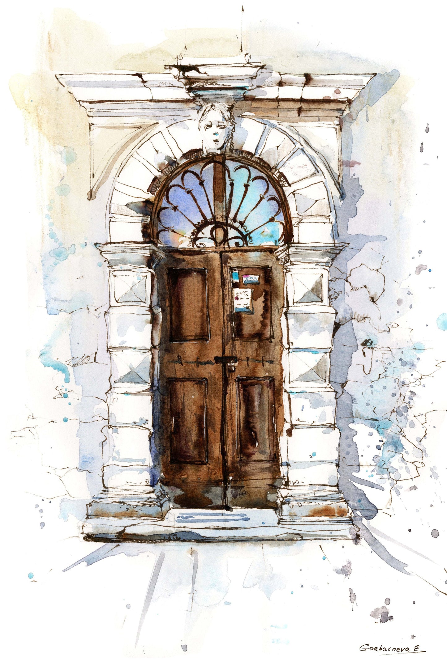 Antique Door Art Print, Old City Street, Watercolor Sketch, Architecture Painting, Brown, Croatia, Porec Wall Decor