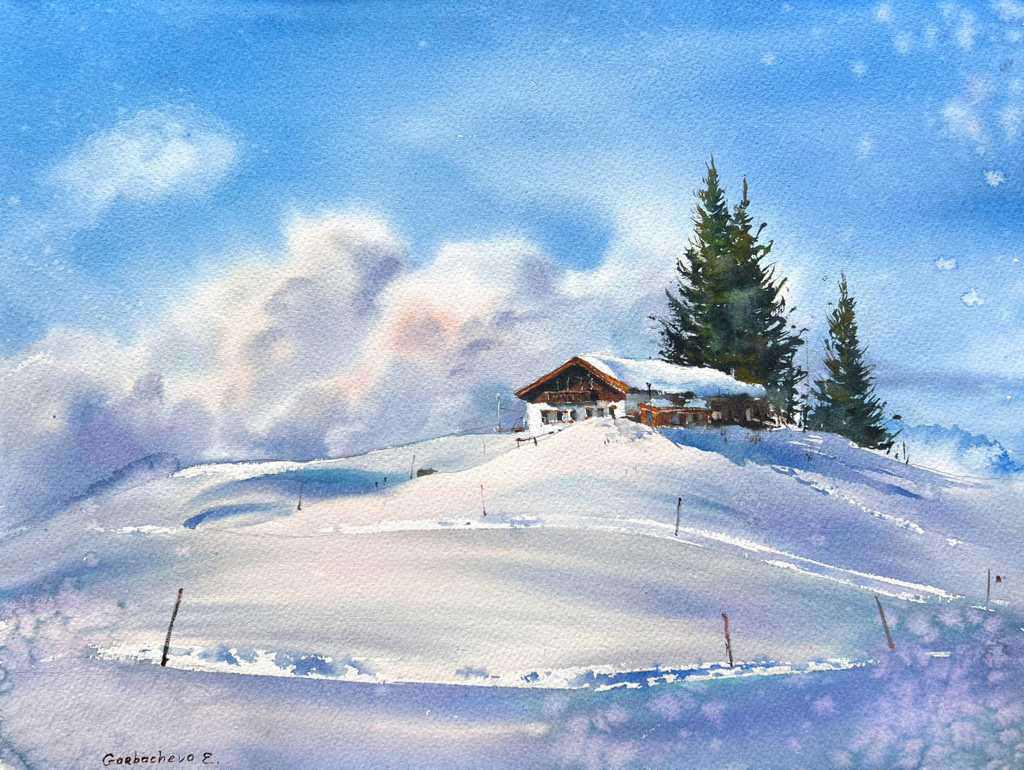 Mountain Chalet Painting, Original Artwork, Snowy Mountains, Watercolor Winter Landscape, Christmas Gift For Ski Lover