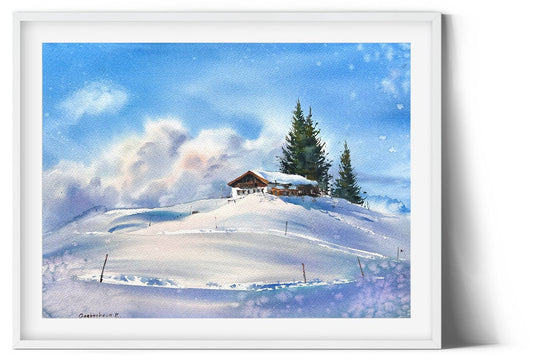 Mountain Chalet Painting, Original Artwork, Snowy Mountains, Watercolor Winter Landscape, Christmas Gift For Ski Lover