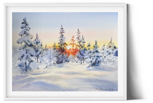Winter Forest Small Painting, Christmas Tree Watercolor Original Artwork, New Year Gift & Art Decor, Snowy Landscape