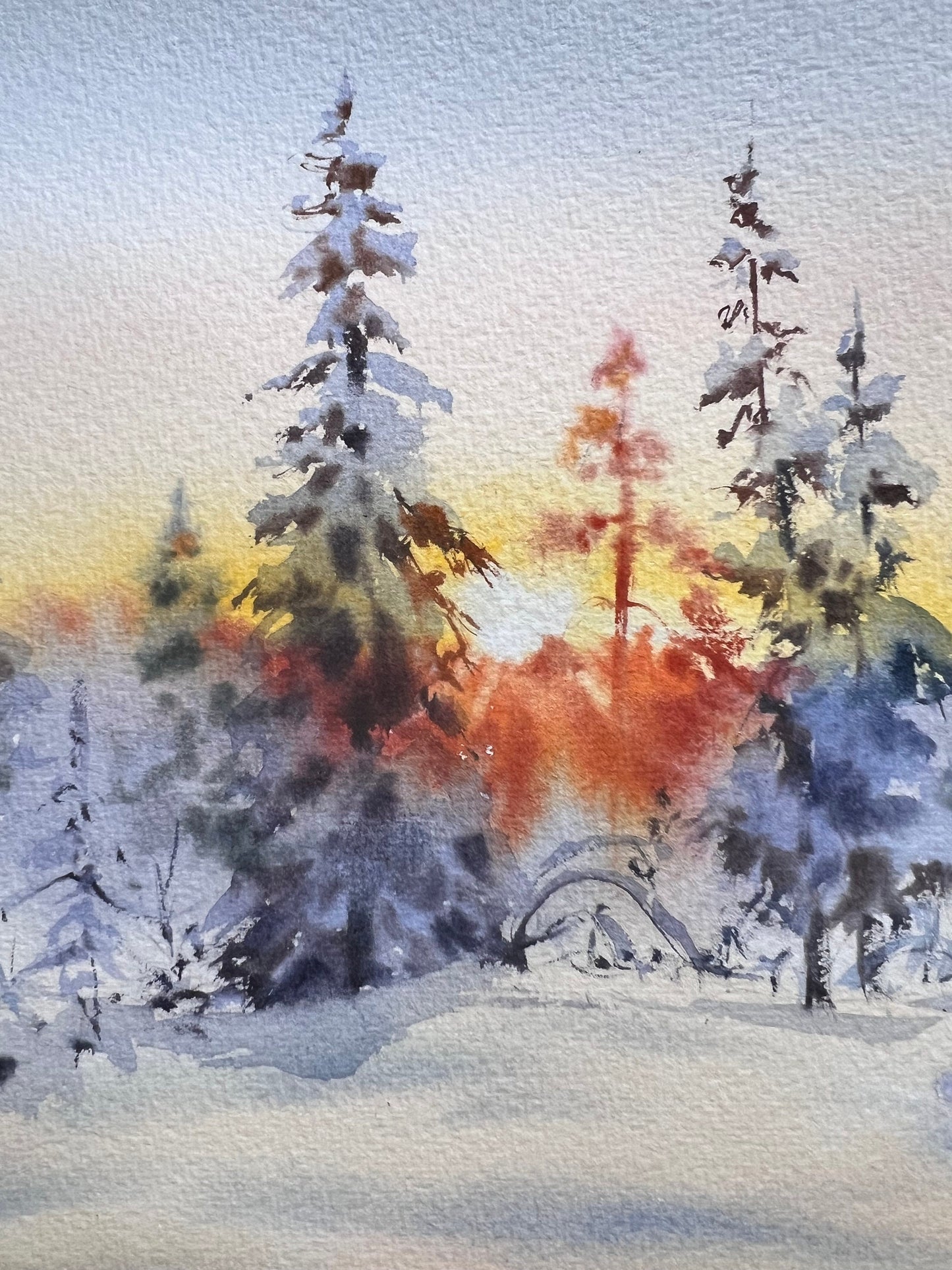 Winter Forest Small Painting, Christmas Tree Watercolor Original Artwork, New Year Gift & Art Decor, Snowy Landscape
