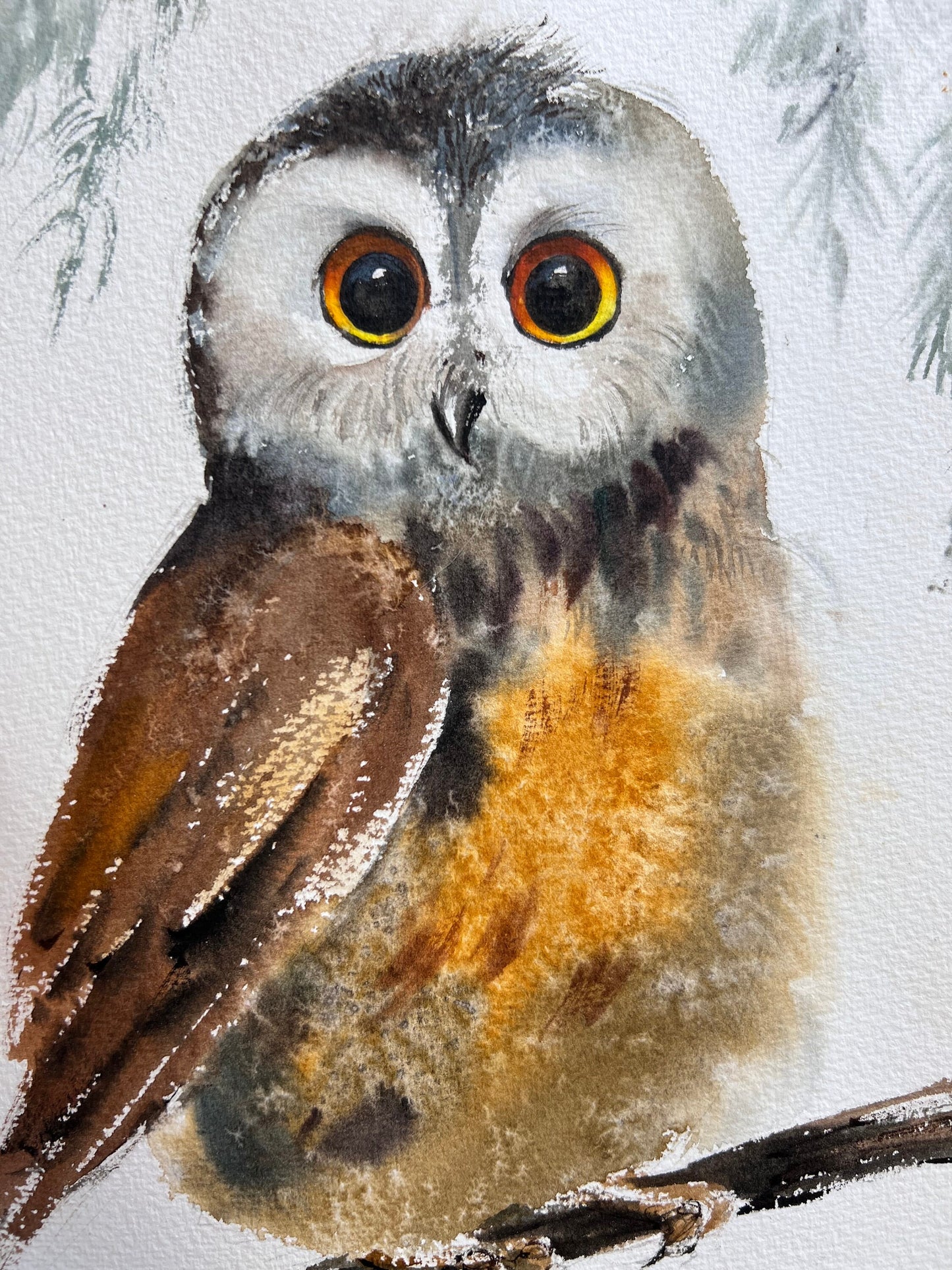 Owl Watercolor Painting Original, Small Artwork, New Year Christmas Gift For Bird Lover, Kids Room Wall Art Decor