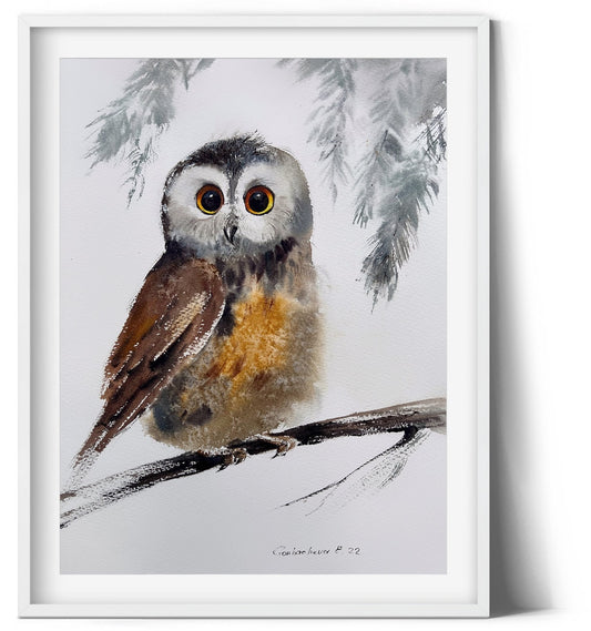 Owl Watercolor Painting Original, Small Artwork, New Year Christmas Gift For Bird Lover, Kids Room Wall Art Decor