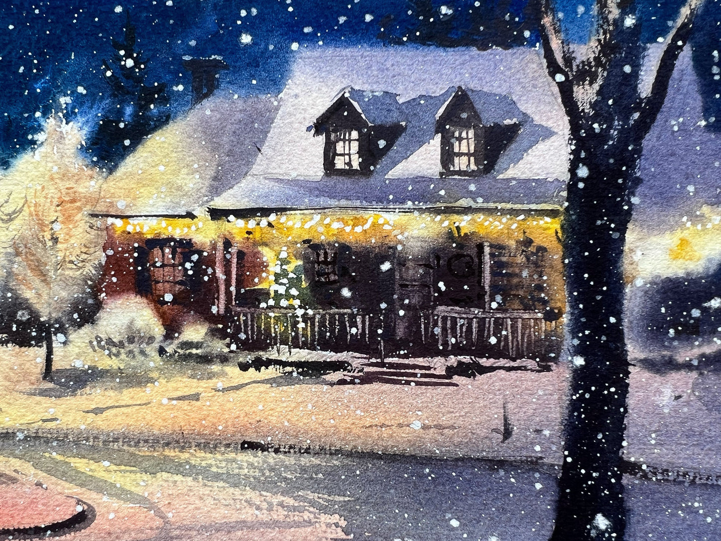 Christmas House Painting, Original Watercolor Art, Night Lights, New Year Decor, Winter Yard, Snow Scene