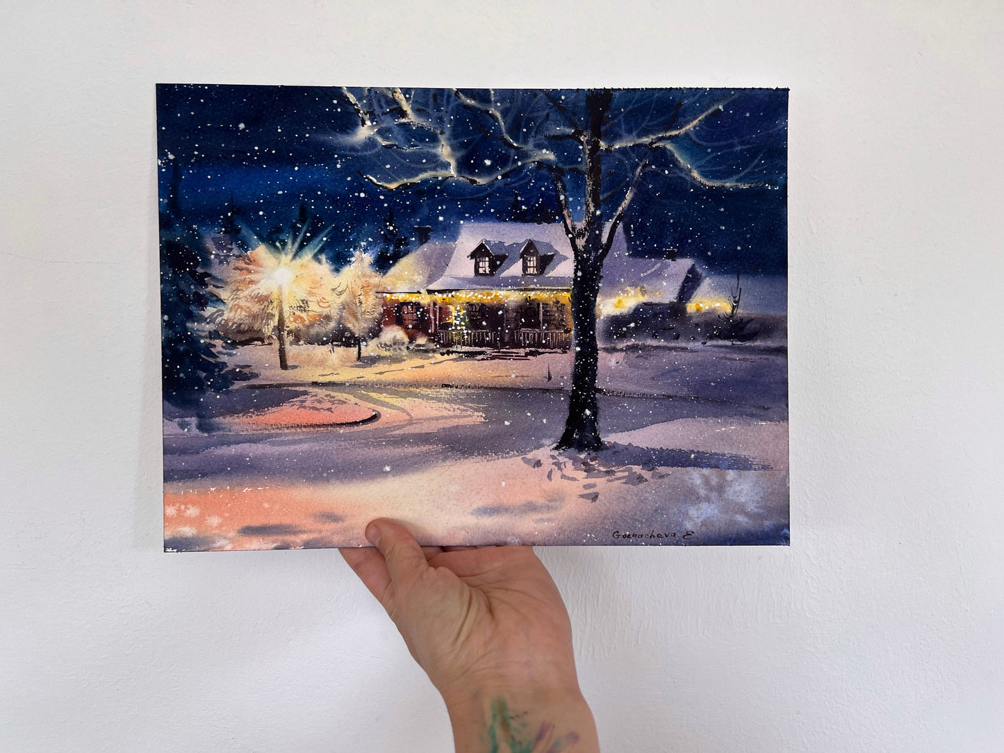 Christmas House Painting, Original Watercolor Art, Night Lights, New Year Decor, Winter Yard, Snow Scene