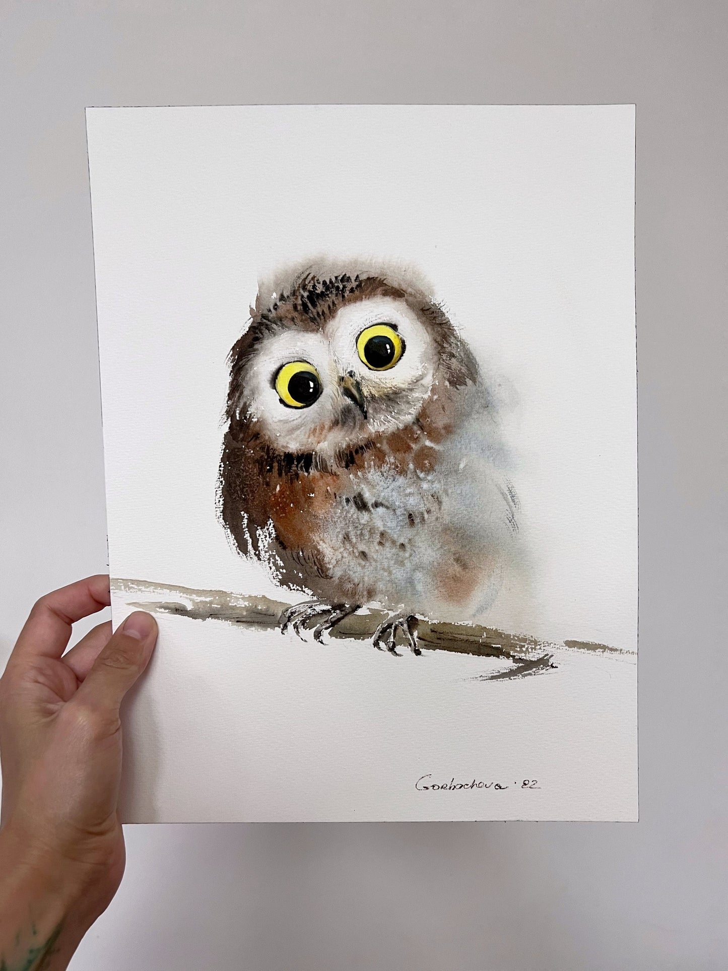 Baby Owl Watercolor Painting, Small Original Artwork, New Year Christmas Gift For Bird Lover, Kids Room Wall Art Decor