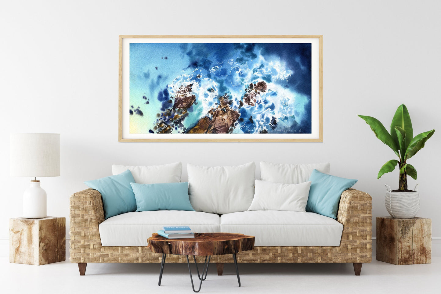 Panorama Coastal Art Print, Blue Sea Painting, Panoramic Ocean Art, Wave Living Room Wall Decor, Seascape, Coastline