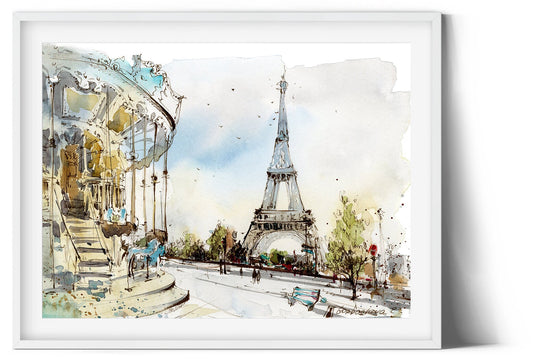 Paris Carousel Print, Eiffel Tower Wall Art, French City Illustration, France Colorful Painting, Travel Decor