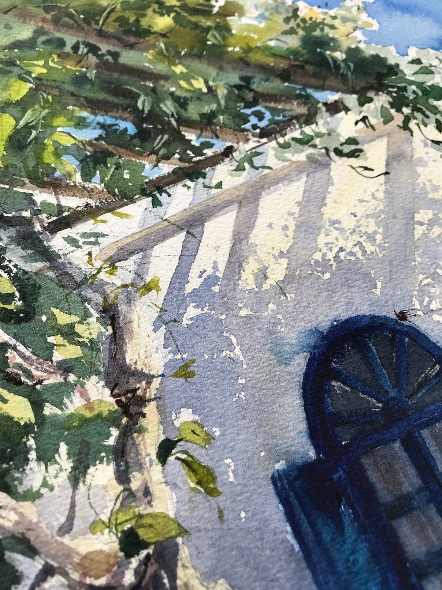 Original Cyprus Painting, Coastal City, Blue Window, Tree Watercolor Artwork, Unique Gift, Karmi, White House