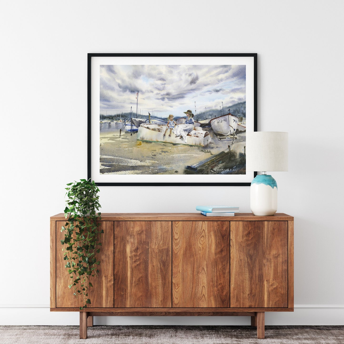 Beach Scene Painting, Boat Art Print on Paper or Canvas, Watercolor Coastal Seaside Cottage Wall Decor Prints Giclee