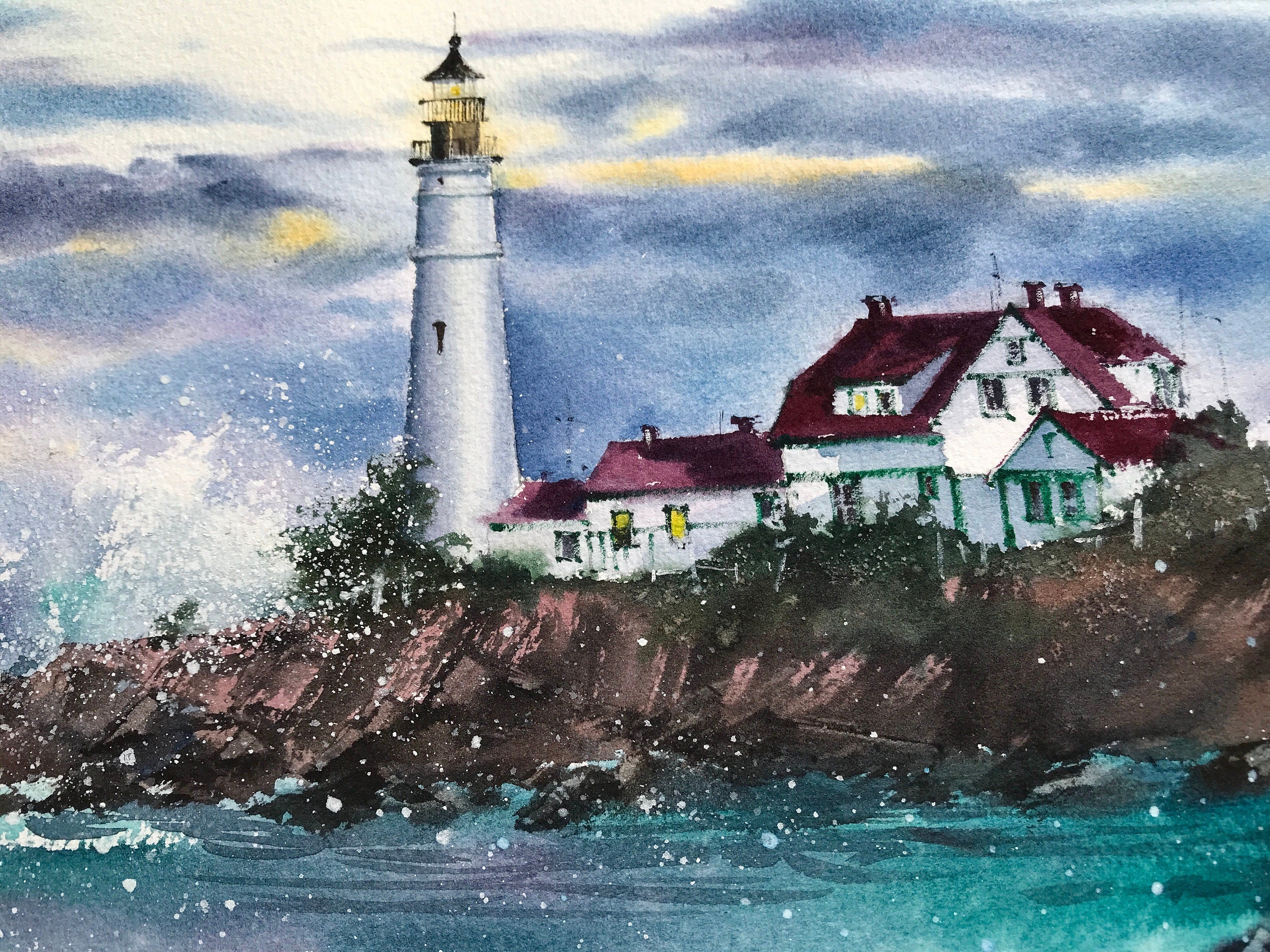 Original watercolor, marina painting. Seascape watercolor, 2024 lighthouse wall art. Lighthouse watercolor, coastal watercolor. ArtduStudio 8×11