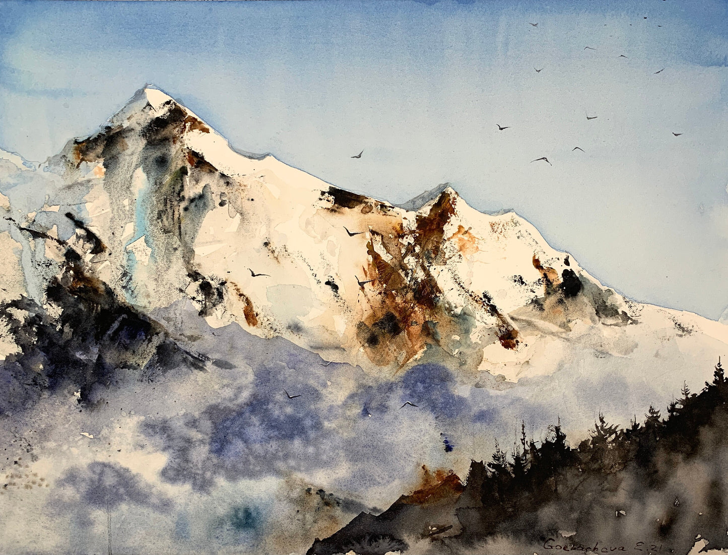 Watercolor Original Mountain Painting, Abstract Modern Art, Living Room Wall Art, Natural Scenery Painting