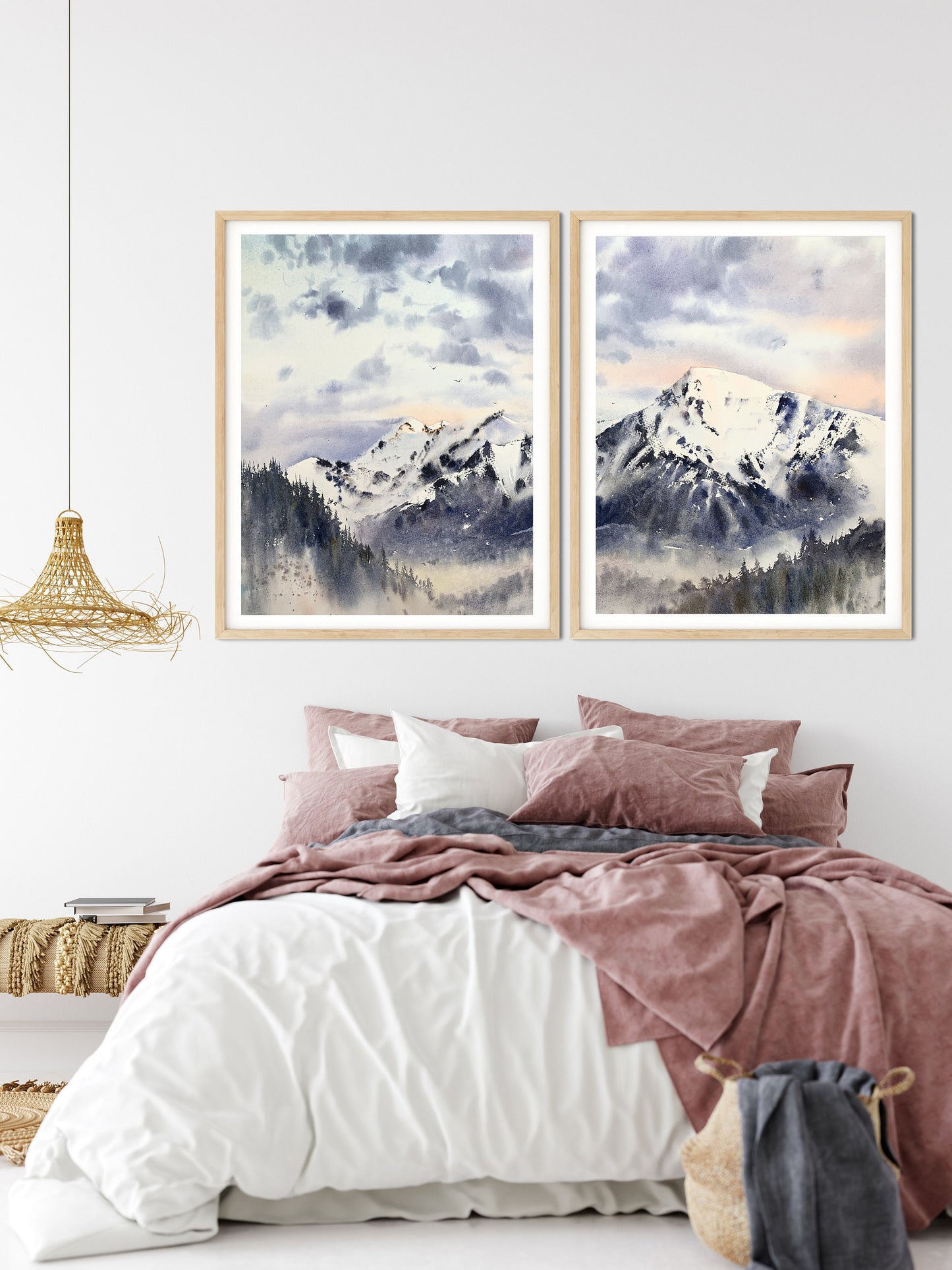 Mountain Landscape Print SET of Two Split, Nature Wall Art, Contemporary Painting, Watercolor Pine Trees, Peak