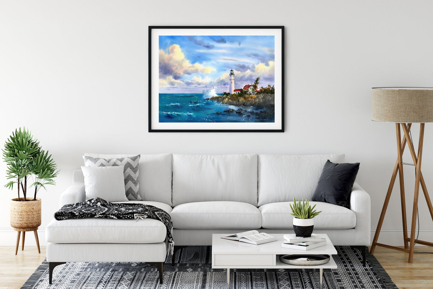 Lighthouse Art Print, Seaside Wall Decor, Coastal Watercolor Painting, Clouds Sea Wave, Sea Prints, Portland Head Light