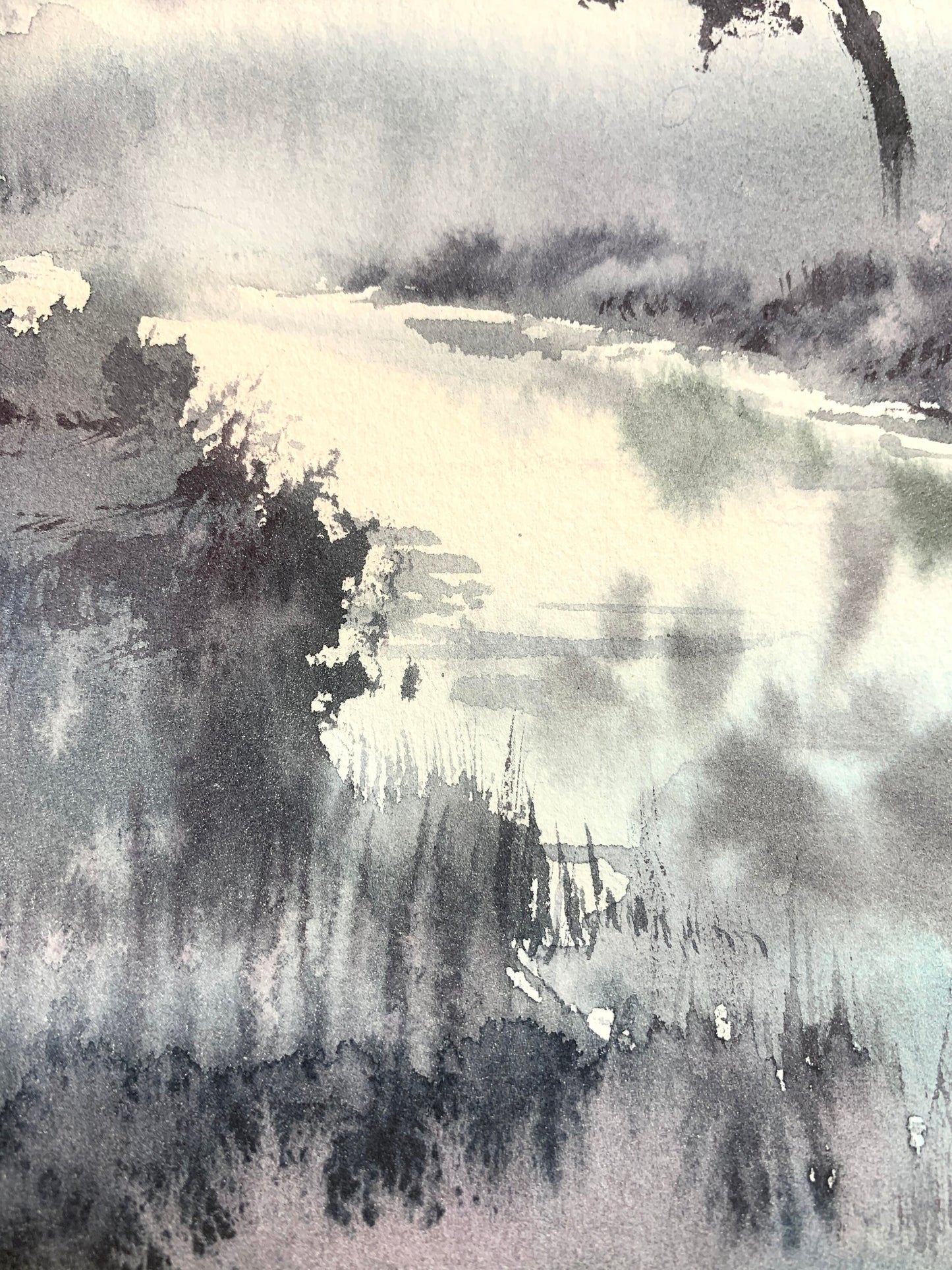 Small Watercolour Painting Original, Fog Morning Artwork, Country House Wall Decor, Landscape With Grey River, Gift