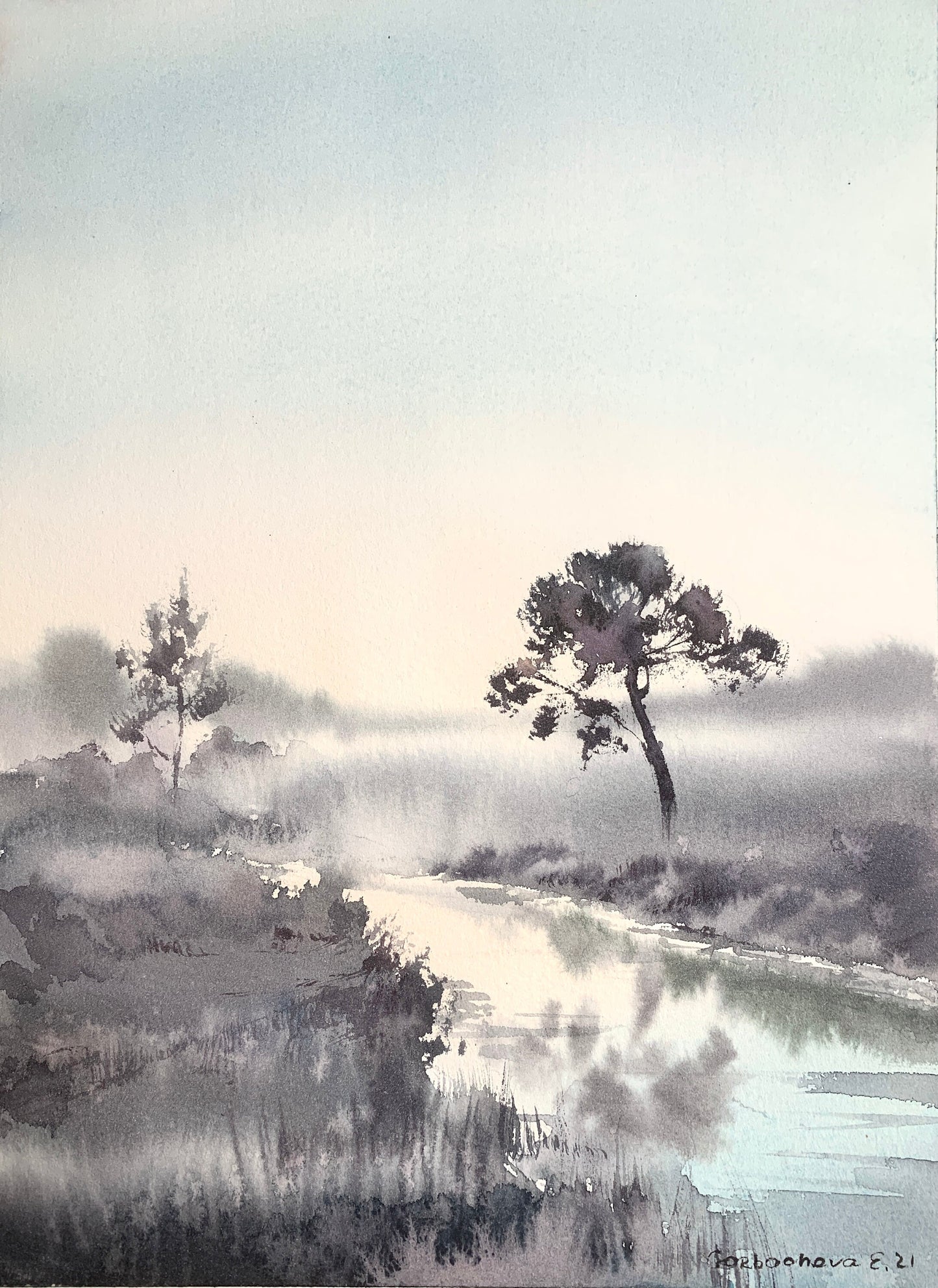 Small Watercolour Painting Original, Fog Morning Artwork, Country House Wall Decor, Landscape With Grey River, Gift