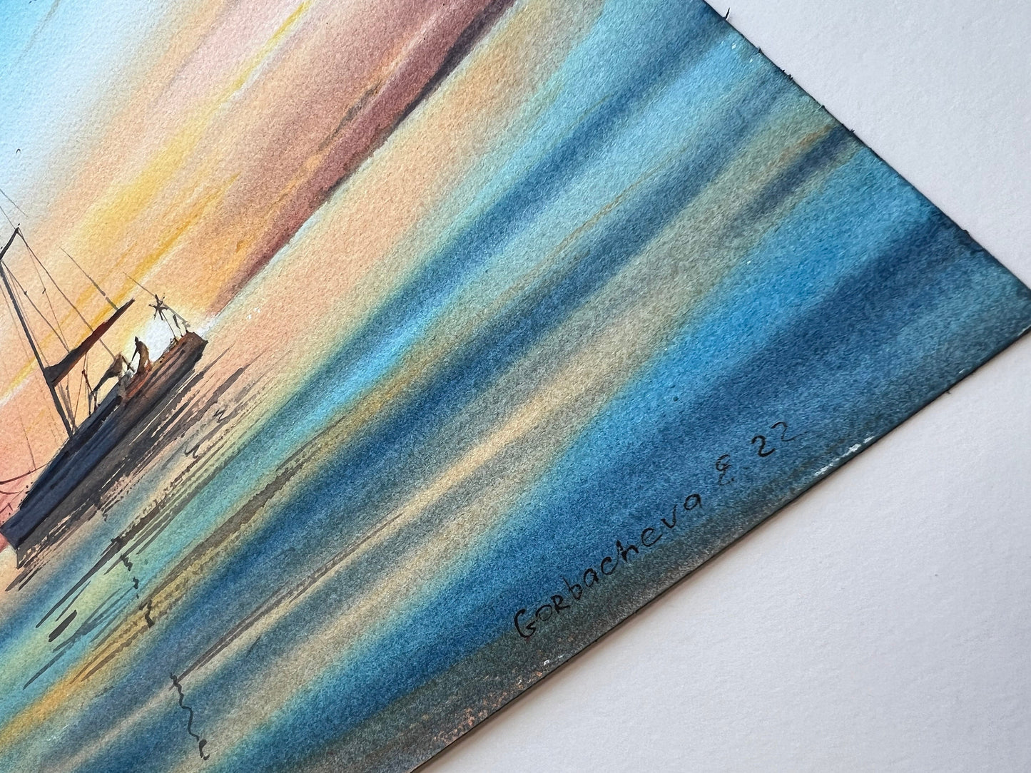 Watercolor Yacht Painting Original, Sailboat Artwork, Sunset Seascape Art, Coastal Bedroom Wall Art, Gift