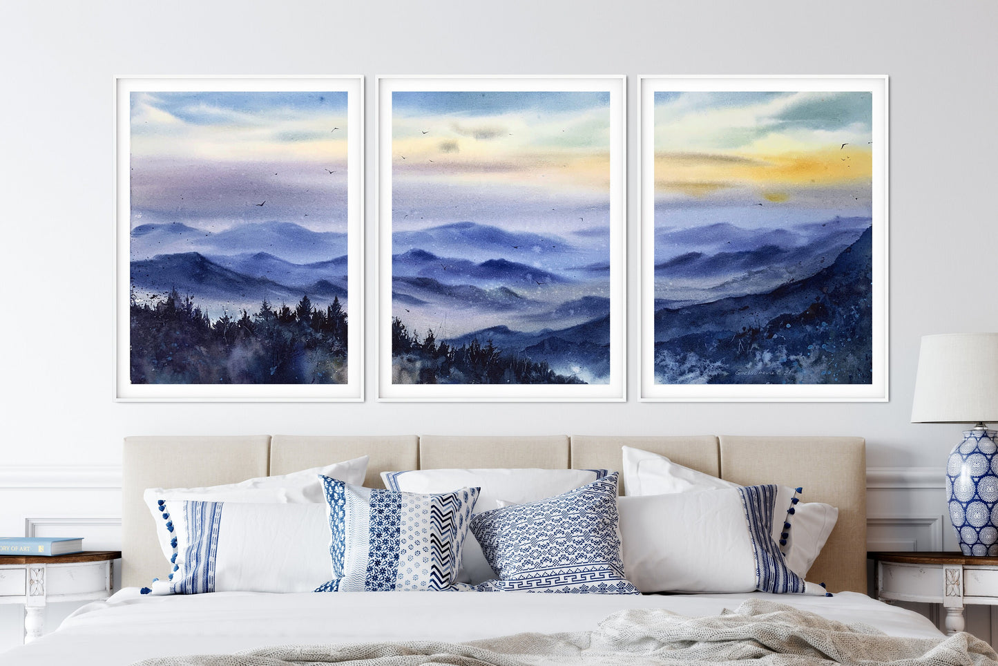 Set of 3 Fog Mountains Print, Nature Gallery Wall Prints, Blue Mountain Landscape 3 Piece Wall Art, Foggy Morning Forest