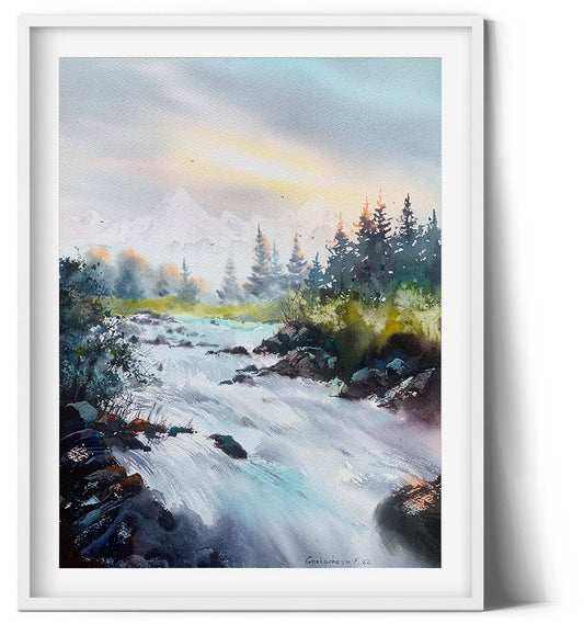 Modern Mountain Painting Original Watercolour, Forest Art, Nature Wall Decor, Landscape With River, Olive Green, Watercolor Paintings