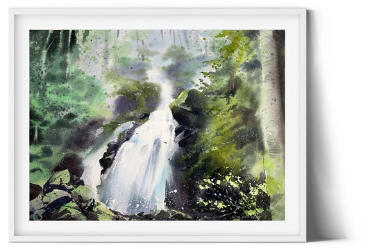 Watercolor Waterfall Original Painting, Tropic Forest Art, Green Landscape Artwork, Nature Wall Art, Gift