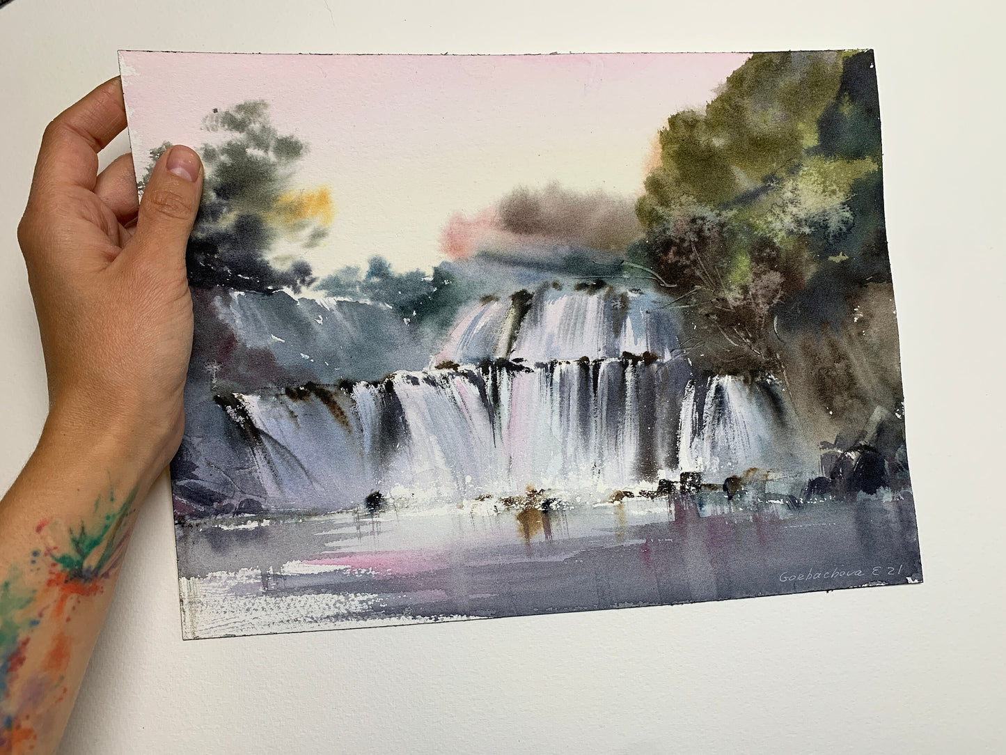 Waterfall Painting Original, Watercolor Art, Tropical Landscape Artwork, Green Forest, Nature Art Decor, Gift