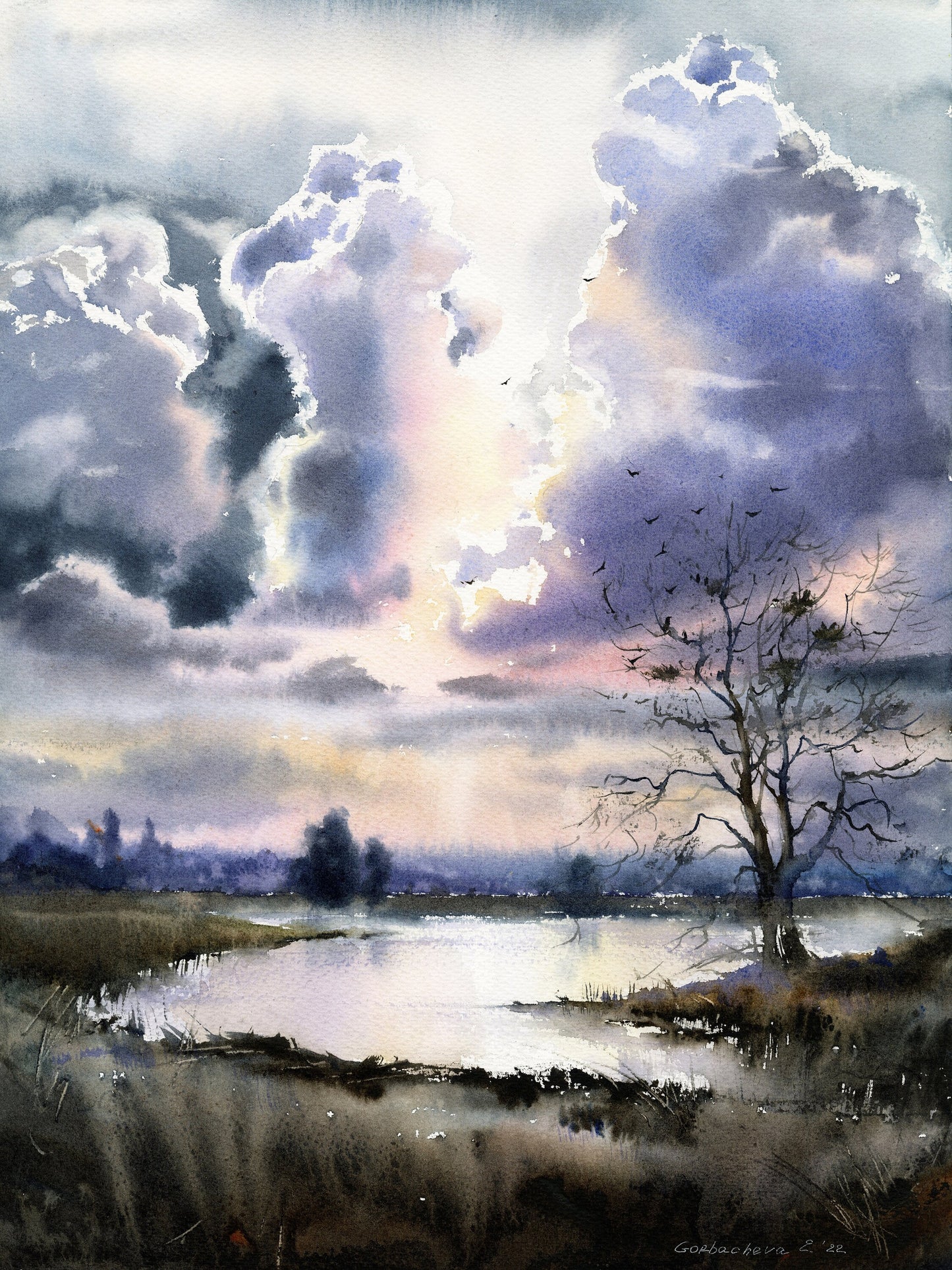 Modern Landscape Wall Art, Abstract Clouds Art Print, Watercolor River, Scenery Painting, Purple Contemporary on Canvas