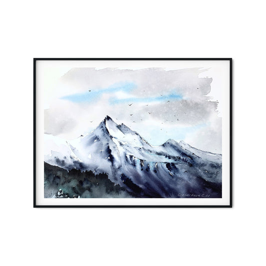 Watercolor Mountain Original Painting, Nature Art, Living Room Wall Decor, Natural Scenery Painting, Peak