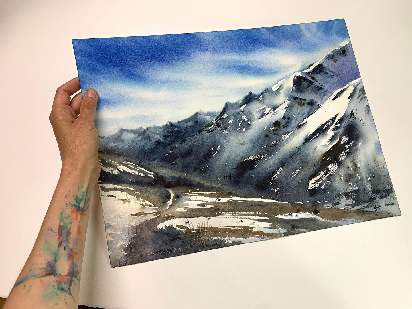 Snowy Mountains Painting, Watercolor Landscape Original, Abstract Mountain, Modern Bedroom Wall Art, Scenery Painting