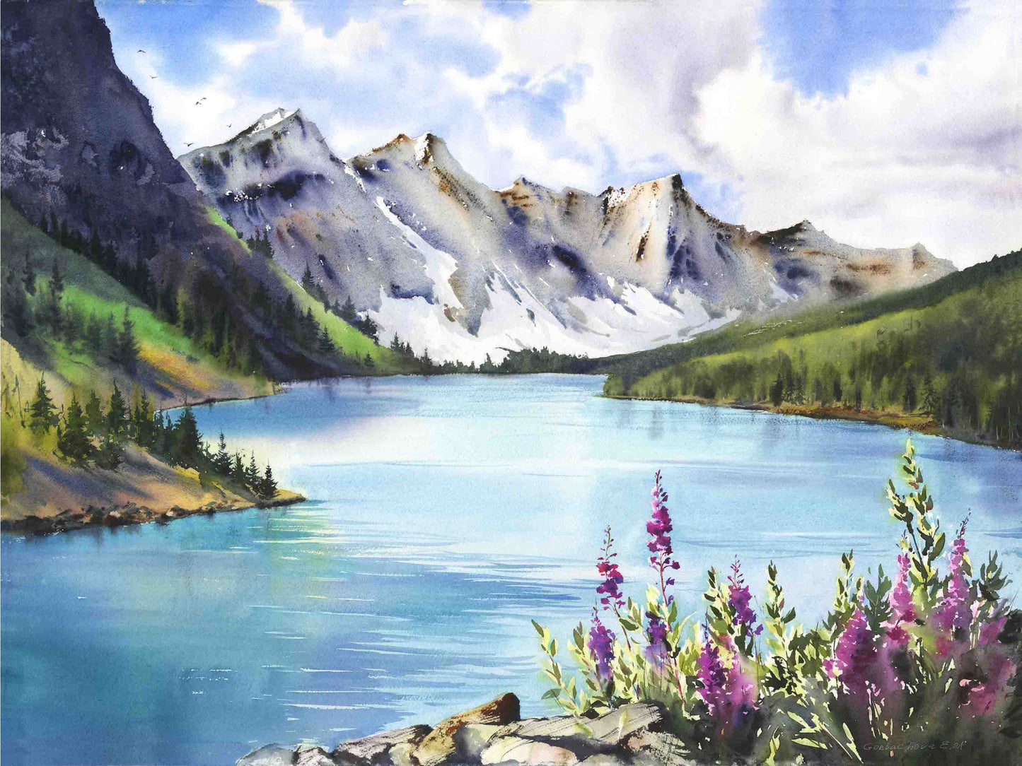 Mountain Wildflowers Art Print, Nature Wall Decor, Turquoise Lake Landscape Painting, Modern Office Wall Decoration
