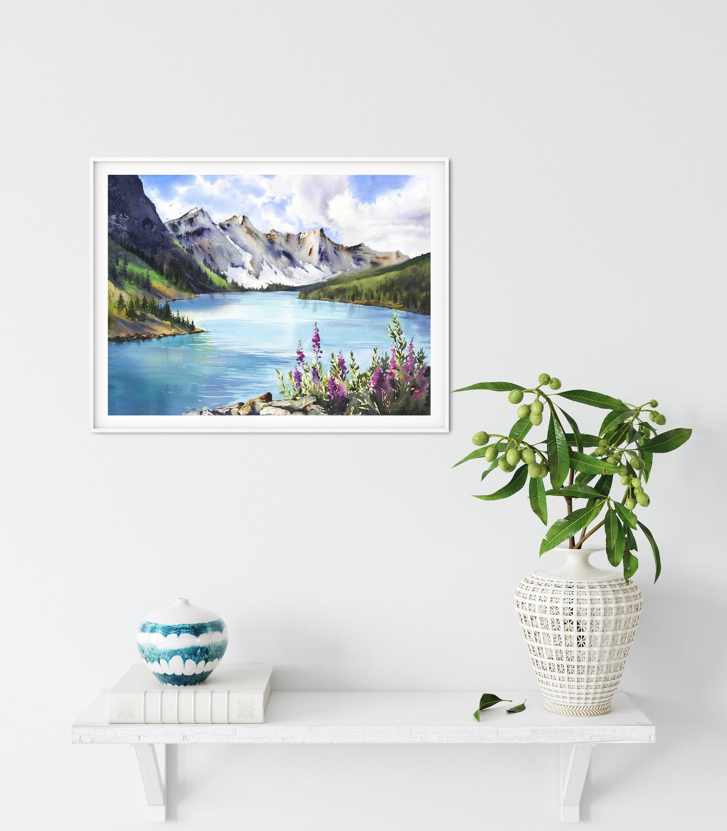 Mountain Wildflowers Art Print, Nature Wall Decor, Turquoise Lake Landscape Painting, Modern Office Wall Decoration