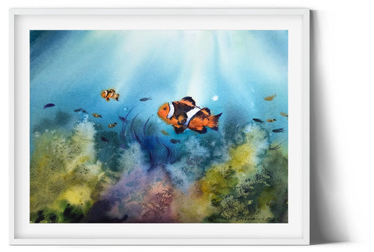 Clown Fish Painting Original, Sea Corals, Underwater Art, Undersea Artwork, Coastal Wall Decor, Gift For Aquarium Lover