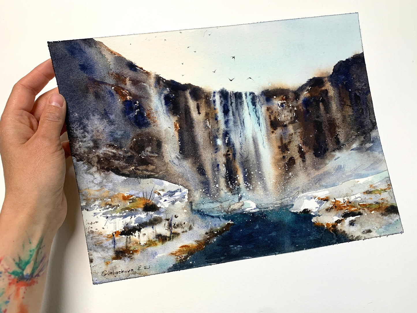 Waterfall Watercolor Original Painting, Nature Art, Icelandic Landscape Artwork, Nordic Wall Decor, Gift For Traveler