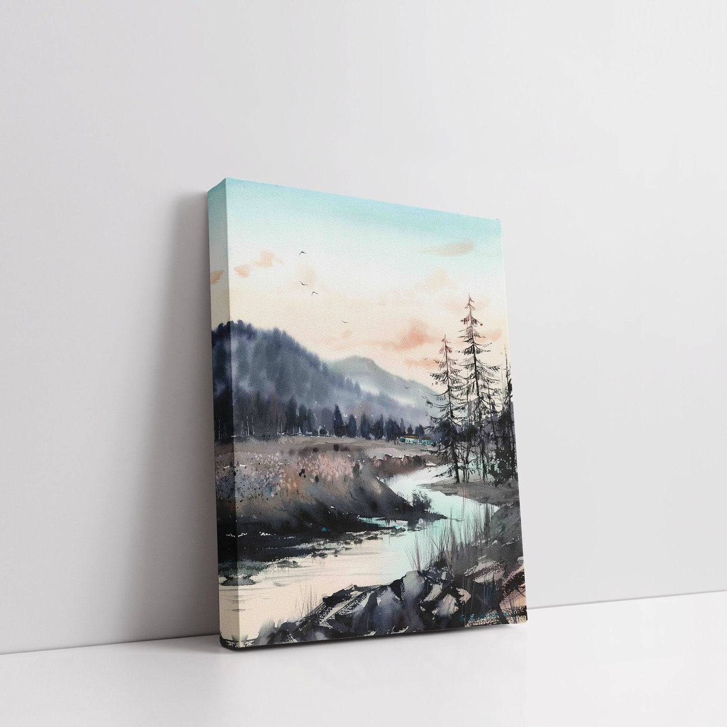 Nature Art Print, Mountain Wall Art Decor, Pine Forest Painting, Impressionist Landscape With River, Giclee Art Print