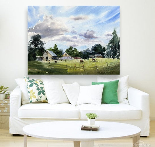 Farmhouse Wall Art, Summer Rural Art Print, Watercolor Scenery Painting, Country Decoration, Green Landscape
