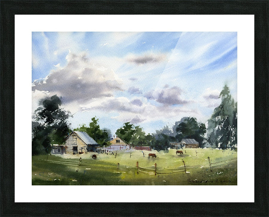 Watercolor good house, countryside painting, rustic farmhouse original watercolor painting, green summer village cottage landscape wall art.