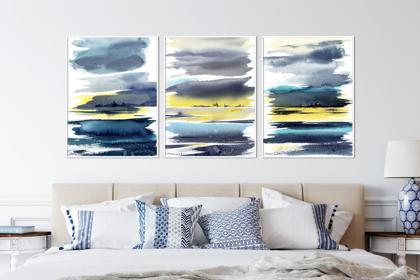 Abstract City Set Of 3 Art Prints, Ghost Town On Water, Modern Art, Yellow, Blue, Gray, Print Of Original Watercolor